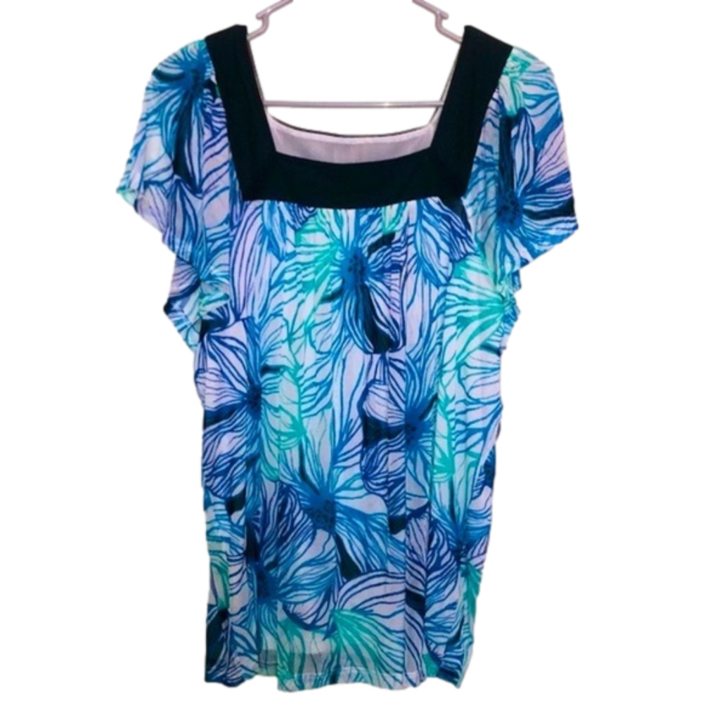 FASHION BUG Blue & Green Flower Print Blouse